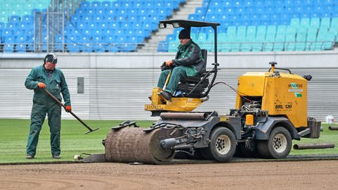 Mitarbeiter einer niederländischen Firma verlegen in der Red-Bull-Arena in Leipzig Rollrasen. Für die EM wird in Freudenstadt der Rasen erneuert.