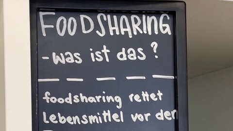 Diese Tafel steht im Foodsharing Café in Tübingen und erklärt das Prinzip der Rettung der Lebensmittel.