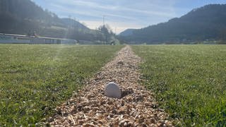 Auf der Schupf-Strecke auf dem Sportplatz liegen Eier. Im Abstand von rund 61 Zentimetern sind sie auf der Strecke aufgereiht.