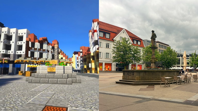 Der Brunnen am Reutlinger Marktplatz - rechts in echt und links in der virtuellen Welt von Justin Vu.