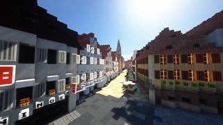 Der Blick auf die Reutlinger Marienkirche im Videospiel Minecraft. 