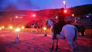 Nächtliche Feuershow zu Boden und zu Pferde bei den Horber Ritterspielen 2024