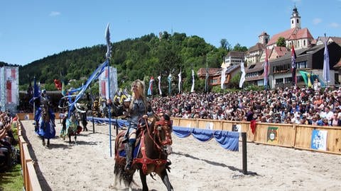 Eine blonde Frau in Rüstung auf einem fürs Turnier geschmückten Pferd vor der Kulisse der Stadt Horb, bei den Horber Ritterspielen 