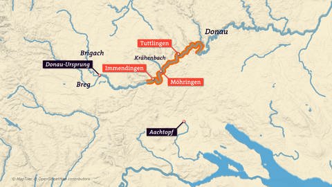 Grafik, die zeigt, wo die Donau entspringt, wo sie entlangfließt und wo die Donau bei Tuttlingen versickert.