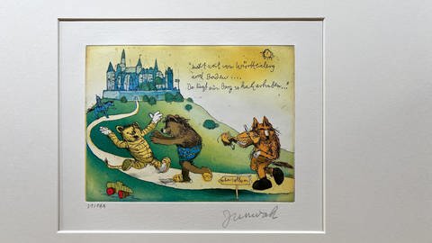 Kupferstich von Janosch, erstellt für die Ausstellung 2024 in der Stadthalle Balingen, mit Tiger, Bär, Tigerente und dem Fuchs mit Geige, die auf die Burg Hohenzollern zulaufen.