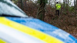 Ein Polizist steht an einem Hang im Wald, im Vordergrund unscharf zu sehen, die Motorhaube eines Polizeiautos (Symbolbild).