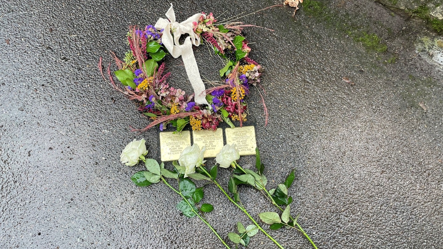 Drei neu verlegte Stolpersteine in Tübingen auf einer Straße.