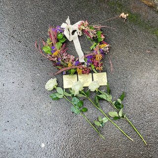 Drei neu verlegte Stolpersteine in Tübingen auf einer Straße. 