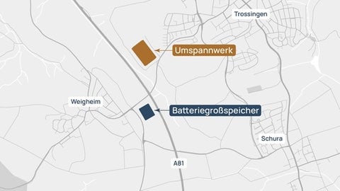 Eine Karte mit den Orten Weigheim und Trossingen. Darauf ist das Umspannwerk und der geplante Batterie-Speicher eingezeichnet.