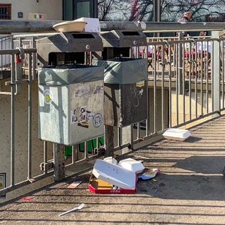 Unter zwei öffentlichen Müllbehältern liegt Verpackungsmüll, wie zum Beispiel ein Pizzakarton. Dieser Müll sollte durch die Verpackungssteuer in Tübingen reduziert werden.