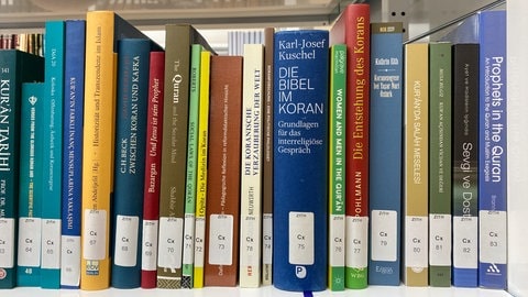 Bücher über den Koran aus christlicher und muslimischer Sicht in der Bibliothek im Zentrum für Islamische Theologie in Tübingen: Die Uni-Einrichtung hat jetzt ein großes neues Gebäude.