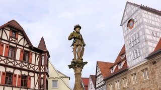 Die Maximilian-Statue auf dem Marktbrunnen in Reutlingen zwischen Fachwerkhäusern: Sie wurde beschädigt, dadurch entstehen der Stadt hohe Kosten.