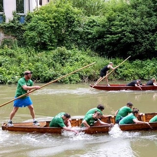 Beim Stocherkahnrennen in Tübingen. Wegen der starken Strömung des Neckars mussten die Teams mehr Kraft aufwenden. 