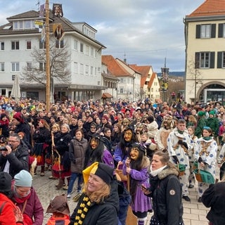 Beim ersten gemeinsamen Balinger Narrensprung nehmen alle 9 Narrengruppen aus 6 Balinger Teilorten teil. Marktplatz Balingen