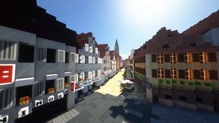 Der Blick auf die Reutlinger Marienkirche im Videospiel Minecraft. 