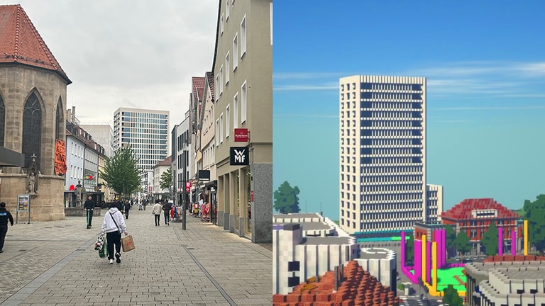 Das Hochhaus am ehemaligen Stuttgarter Tor in Reutlingen - links, das Gebäude in echt, rechts die Nachbildung im Videospiel Minecraft.