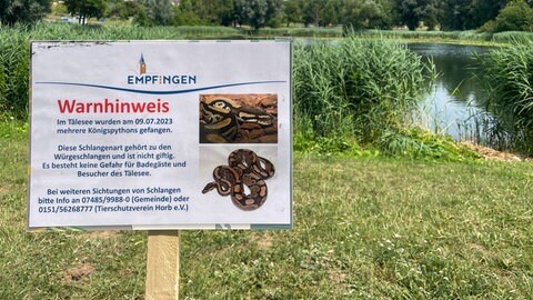 Warnhinweis am Badesee. Mehrere Königspythons wurden am Tälesee in Empfingen (Kreis Freudenstadt) gefunden. 