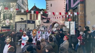 Narren ziehen beim Ringzug in Horb durchs Stadttor