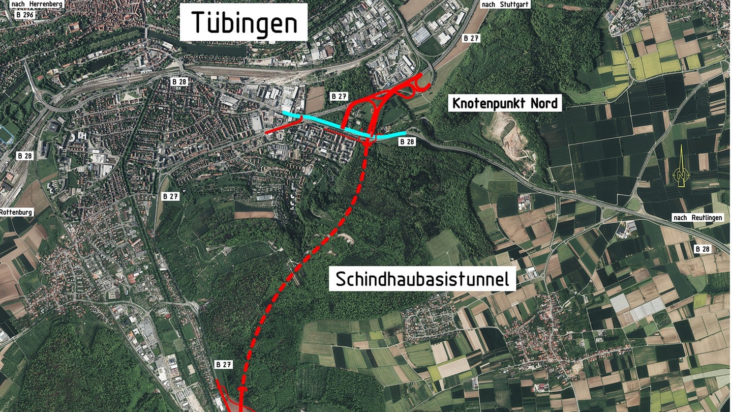 Eine Landkarte zeigt die geplante Trassenführung des geplanten Schindhaubasistunnels, der B27-Umfahrung von Tübingen durch den Schindhau.