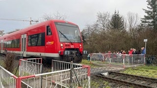 Ein Zug der Regionalbahn fährt auf den umstrittenen Bahnübergang in Rottenburg zu. Im Hintergrund warten Menschen. Schranken gibt es hier nicht, dafür Gitter.