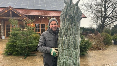 Hofbesitzer Bernhard Weimer hält einen schon eingepackten Christbaum im Arm.