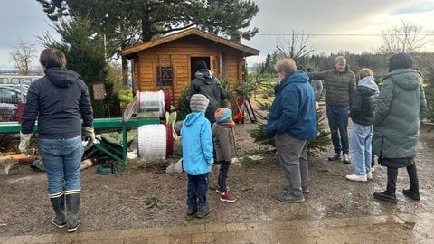 Menschen warten mit Christbäume vor der Einpackmaschine