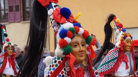 Ein Schellnarr der Narrenzunft Wilflingen. Er trägt eine bunte Haube mit Roßschweif und eine Holzmaske.