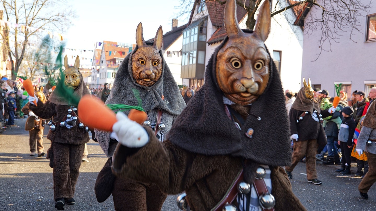 Begeisterte Zuschauer und eine Narrengruppe als Hasen beim Umzug in Tübingen-Hirschau. Dort waren nur Tiermasken unterwegs.