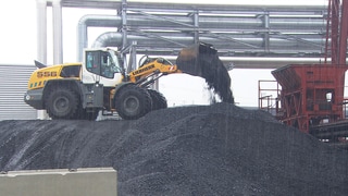 Bagger schaufelt Kohle auf einem Kohleberg. 6.000 Tonnen Kohle hat die Fernwärme Ulm gekauft, um die Wärmeversorgung trotz Gasmangels im kommenden Winter zu garantieren. 