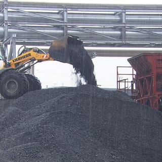 Bagger schaufelt Kohle auf einem Kohleberg. 6.000 Tonnen Kohle hat die Fernwärme Ulm gekauft, um die Wärmeversorgung trotz Gasmangels im kommenden Winter zu garantieren. 