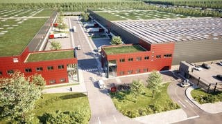 Das Neubauprojekt im Industriepark A7 bei Giengen setzt auf Dachbegrünungen und Solarenergie. Quelle: LogProject Development GmbH