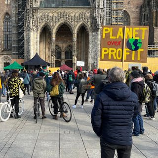Eine Menschengruppe vor dem Ulmer Münster. Auf dem Ulmer Münsterplatz haben am Freitag rund 500 Menschen für das Klima und eine schnelle Verkehrswende demonstriert. 