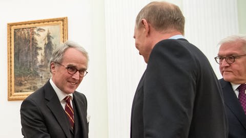 Rüdiger von Fritsch schüttelt Wladimir Putin die Hand. Rechts daneben Frank Walter Steinmeier. 
