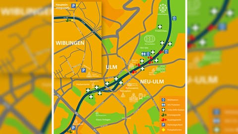 Für das Nabada am Schwörmontag 2023 hat die Stadt Ulm, wie man auf der Karte sieht, mit Pumpstationen, Parkplätzen, neuen Ein- und Ausstiegsstellen sowie großen Müllcontainern aufgestockt. 