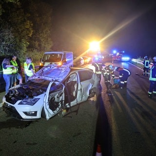 Ein schwer beschädigtes Auto auf der Straße, im Hintergrund ein totes Reh: Auf der B28 bei Senden im Kreis Neu-Ulm hat einen Autofahrerin bei einem Wildunfall zwei Rehe erfasst. 