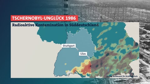 Landkarte von Süddeutschland, auf der die Strahlenbelastung mit Cäsium zu sehen ist. Auf der Landkarte ist zu erkennen, an welchen Stellen im Jahr 1986 Cäsium gemessen wurde. Umso roter die Stelle ist, desto stärker die Strahlenbelastung. Das radioaktive Cäsium ist noch immer am selben Ort, allerdings hat sich die Strahlenbelastung um mehr als die Hälfte verringert.