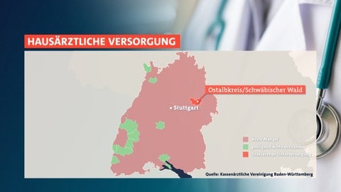 Eine Karte von Baden-Württemberg, die die hausärztliche Versorgung zeigt. Die Genossenschaft MEDWALD soll den Ärztemangel im Schwäbischen Wald im Ostalbkreis bekämpfen.