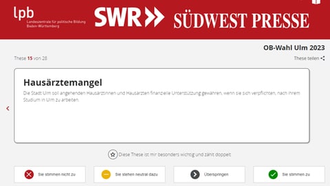 So könnte eine These beim Kandidato-o-maten aussehen, der von der Landeszentrale für politische Bildung, vom SWR und von der Südwestpresse gemeinsam entwickelt wurde. 