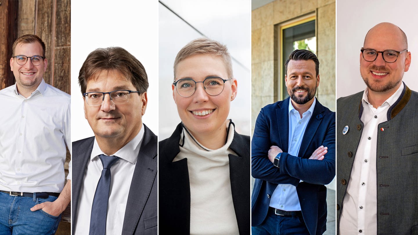 Kandidaten der Landratswahl für den Landkreis Neu-Ulm: Ludwig Ott (Grüne), Joachim Eisenkolb (Freie Wähler), Eva Treu (CSU), Daniel Fürst (SPD), Wolfgang Dröse (AfD).