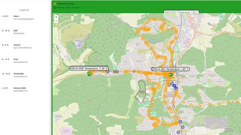 Daten auf einer Karte zeigen die aktuellen Temperaturen an: In Heidenheim können Busse die Straßentemperatur für den Winterdienst messen