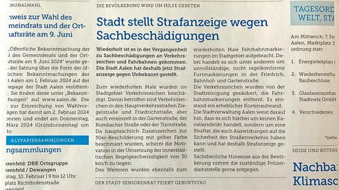 Auszug aus dem Amtsblatt Aalen: Stadt stellt Strafanzeige wegen Sachbeschädigung, der Klimaaktivist zeigt sich danach selbst an. 