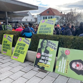 Der Hass gegen die Grünen zeigt sich auch auf Plakaten: Protestierende in Biberach haben sie mit der Aufschrift "Wahllügen" versehen.