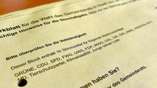 Ein gelber Wahlbogen für die Kommunalwahl in Ulm. Der Fokus ist auf die Parteien und Wählervereinigungen beziehungsweise eigene Listen gerichtet. 