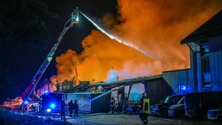 Feuerwehrleute löschen einen Brand in einem holzverarbeitenden Betrieb in Gerstetten (Kreis Heidenheim). 