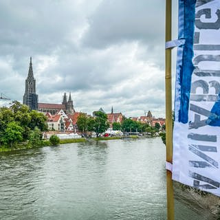 Die Donaufest-Fahnen wehen im Vordergrund, im Hintergrund das Ulmer Ufer mit dem Markt der Donauländer. 