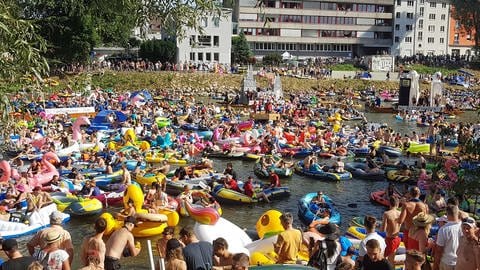 Auf der Donau bei Ulm sind an Schwörmontag beim Nabada immer viele Schlauchboote und Menschen auf dem Wasser, vor denen die Fische im Fluss flüchten. 