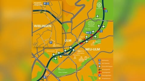 Die Stadt Ulm hat in einer Karte die Stellen gekennzeichnet, an denen wilde Nabader am Schwörmontag gut in die Donau und auch wieder heraus können. 