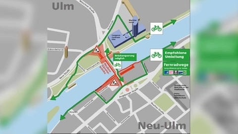 Eine Karte auf der die Umleitung auf dem Donauradweg zu sehen ist. Während der Bauarbeiten an der Gänstorbrücke in Ulm und Neu-Ulm müssen Fußgänger und Radfahrer zwischen dem Bootshaus und dem Maritim ausweichen.