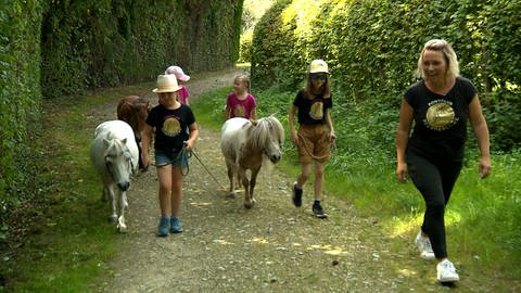 Eine Frau und Kinder gehen mit Ponys in einem Waldgebiet spazieren. Monika Sekler, die Betreiberin des Ponyhofs in Lauchheim, beim Spaziergang mit Ponys und Kindern: Tut den Kindern und den Tieren gut. 
