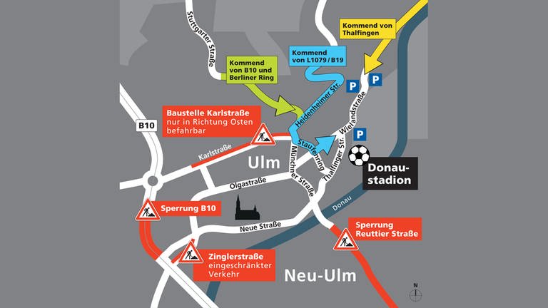 Eine Grafik der Stadt Ulm, die die Anfahrtsmöglichkeiten zeigen, wie die Fans zum Pokalspiel SSV Ulm 1846 Fußball gegen Bayern München gelangen können.